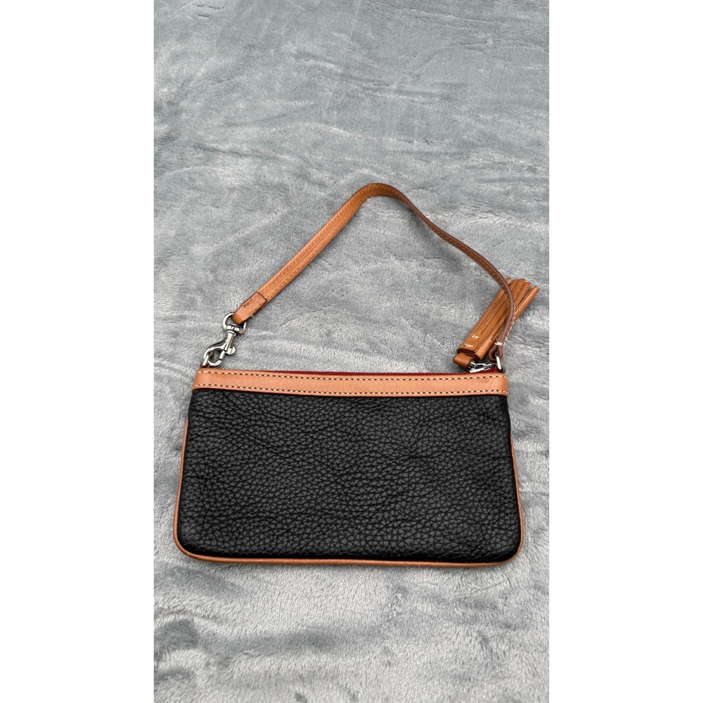 Dooney & Bourke Black Pebbled Leather Wristlet Pochette Bag Tan Trim - Picture 3 of 5